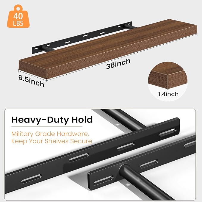 Fun Memories Floating Shelves for Wall, 36 Inch Long Set of 2 Rustic Wood Wall Shelves with Invisible Brackets, Heavy Duty Storage Display for Living Room Bedroom Kitchen, Walnut