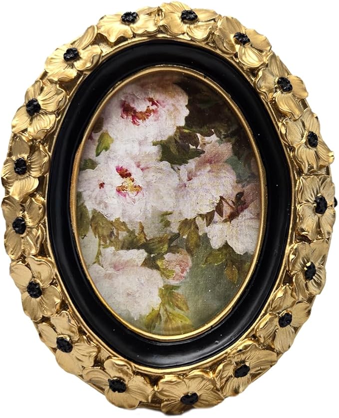 SYLVIA'S SHOP 2.5x3.5 Small Vintage Oval Picture Frame, Mini Antique Gold Ornate Photo Frame, for Tabletop and Wall Display, Decorative Floral Design Retro Home Decor, Photo Gallery Art