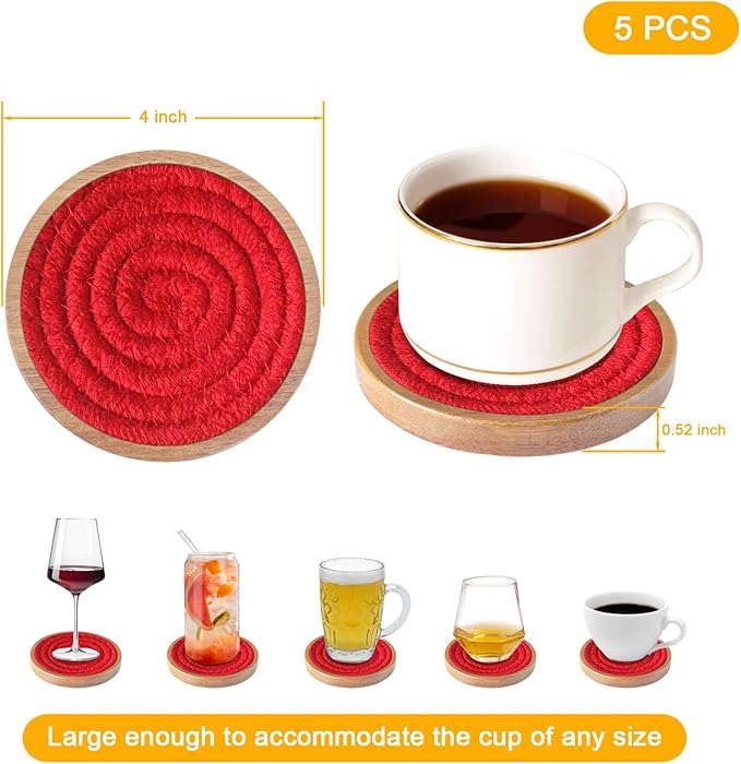 Eykao Coasters for Drinks Absorbent Sets of 5, Woven Coasters with Holder, Housewarming Gift for Farmhouse Home Decor, 4 inches (Red)