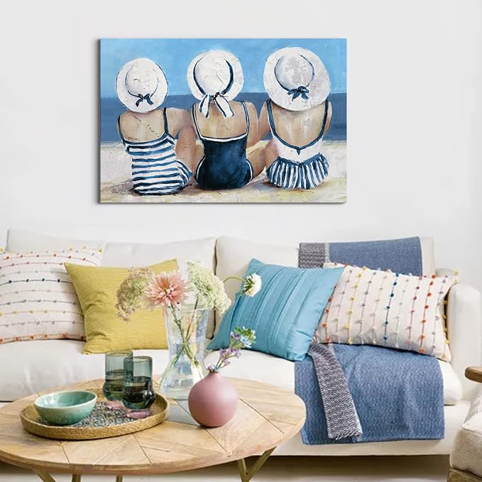 Vintage Beach Wall Art Coastal Bathroom Decor for Girl Navy Blue and White Tropical Ocean Seascape Canvas Prints Picture Retro Swimsuit Woman Nautical Artwork for Living Room Bedroom Decoration 24x36"
