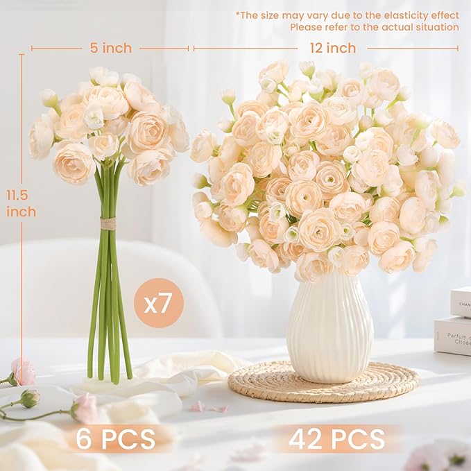 Alupssuc 42Pcs Ranunculus Artificial Flowers Faux Silk Mini Ranunculus, Spring Flowers Artificial Indoor for DIY Bouquets, Bulk Fake Wedding Filler Flowers for Bride Decorations & Arrangements, Cream