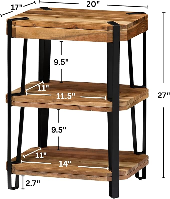Ryegate Live Edge Modern End Tables Set of 2-3-Tier Acacia Wood Nightstands with Storage Shelves and Metal Legs - 17" Narrow Side Table Set for Living Room or Bedroom by Alaterre Furniture (Natural)