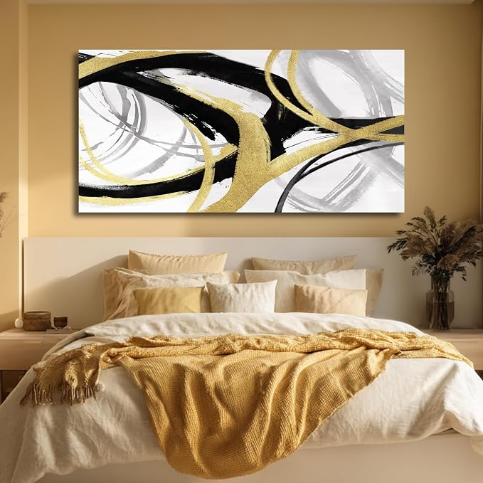 Large Black and Gold Line Wall Decor Modern Abstract Framed Wall Art Neutral Textured Canvas Prints Pictures for Living Room Office Artwork 29"x58"