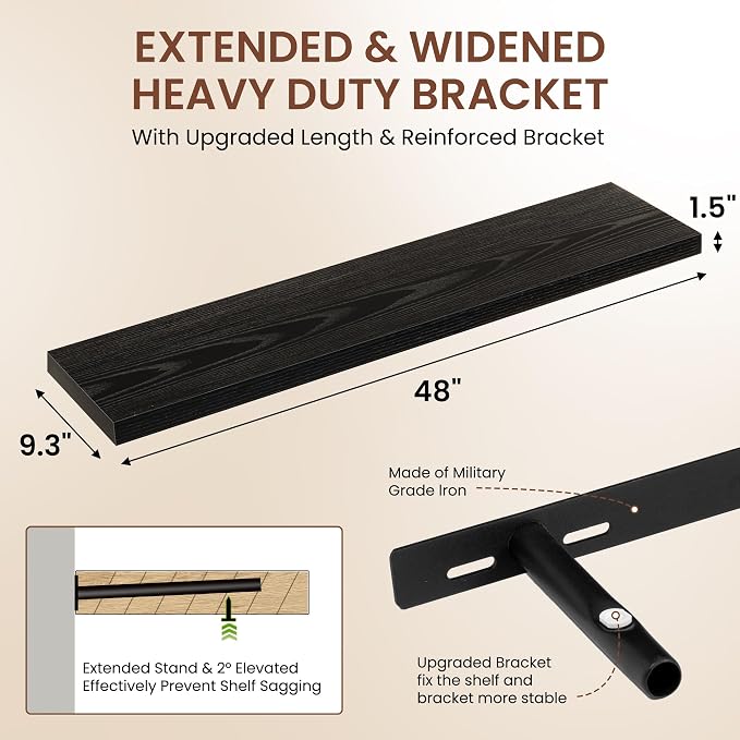 Dreamland 48 Inches Floating Shelves for Wall, 9.3" Deep Long Floating Shelves Set of 1, Large Display & Storage Shelf, Wall Shelf for Bathroom Bedroom Living Room Kitchen Office, Black