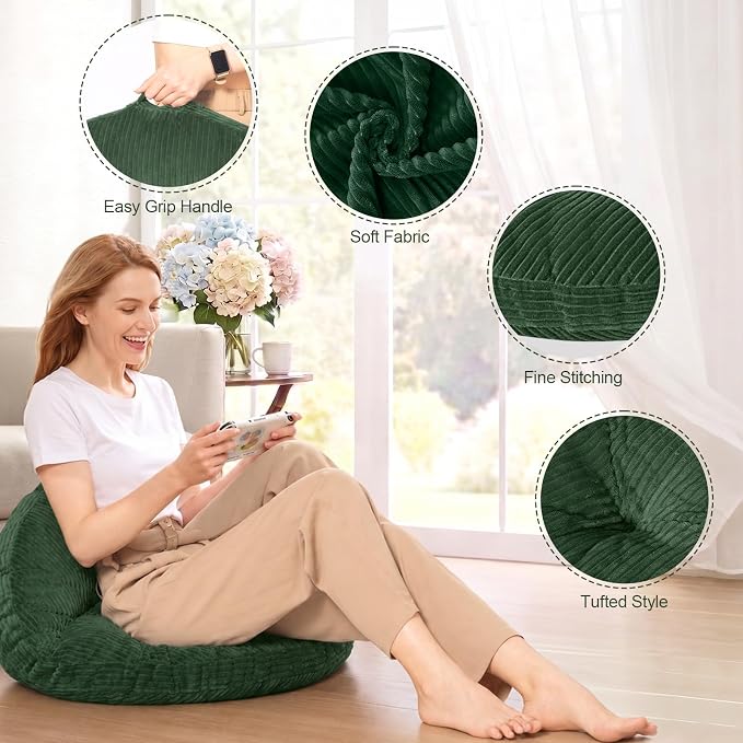 Meditation Cushion, 32 Inch Large Round Floor Pillow, Green | Soft Tufted Corduroy Meditation Pillow for Adults with Handle for Yoga, Cozy Meditation Mat for Reading and Tatami Seating
