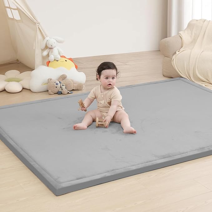 Baby Play Mat for Floor,1.3" Thick Memory foam Tummy Time Mat,Water Repellent Soft Velvet Nursery Rug,Extra Large Non Slip for Crawling,Toddlers,Infants,kids,Tatami Style for Living Room(Light Grey)