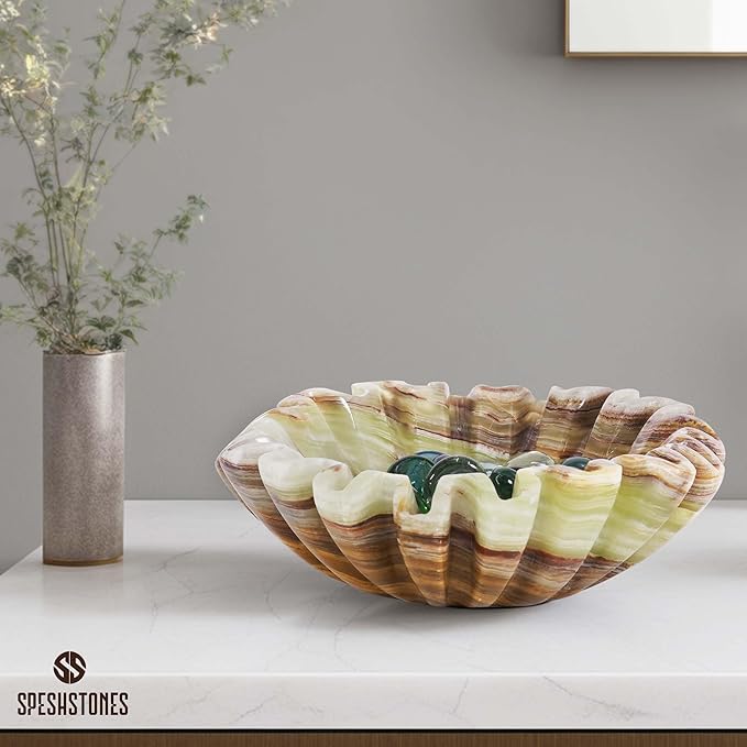 Marble Small Decorative Bowl 6 Inch Handmade Green Onyx Ruffle Bowl, Scalloped Bowls for Table Centerpieces & Gifts, Fluted Ring Dish, Fruit & Key Bowl for Entry Table