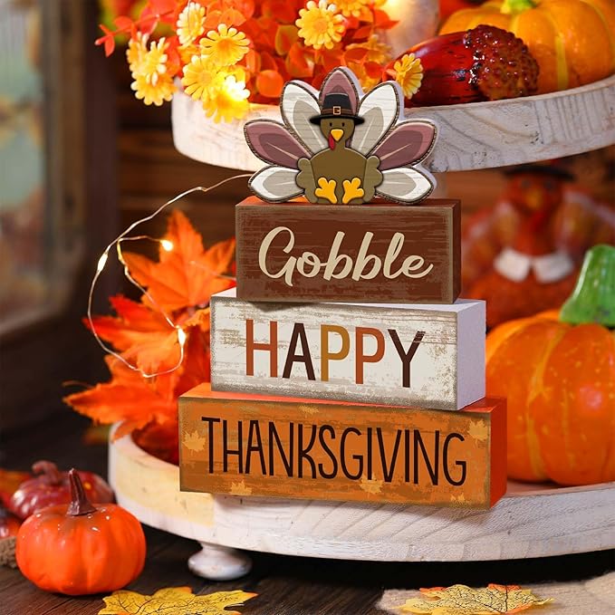 Lineshading 4 Pcs Thanksgiving Decorations for Home Wooden Turkey Thanksgiving Table Centerpiece Fall Tiered Tray Decor Rustic Wooden Turkey Block Sign for Autumn Harvest Party Table Kitchen Shelf