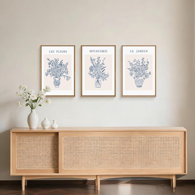 LHIUEM Blue Botanical Flower Framed Canvas Wall Art,Modern Aesthetic Wall Decor,Abstract Navy Blue Painting,Minimalist Line Wildflower Artwork for Living Room,Bedroom,Dining Room -24"x36"x3