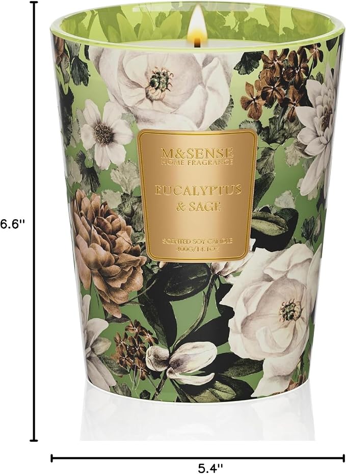 M&SENSE Eucalyptus Sage Soy Candle, 14.1oz, Meditation Relaxing Scent | 60H Slow Burn, Non-Toxic, Stress Relief, Relaxation Home Fragrance, Housewarming Gift