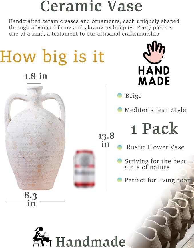 UPWOIGH 13.8in Ceramic Flower Vase with Handles | Off-White Finish, Handcrafted Weathered Texture, Rustic Farmhouse Style, Table Shelf Living Room Décor