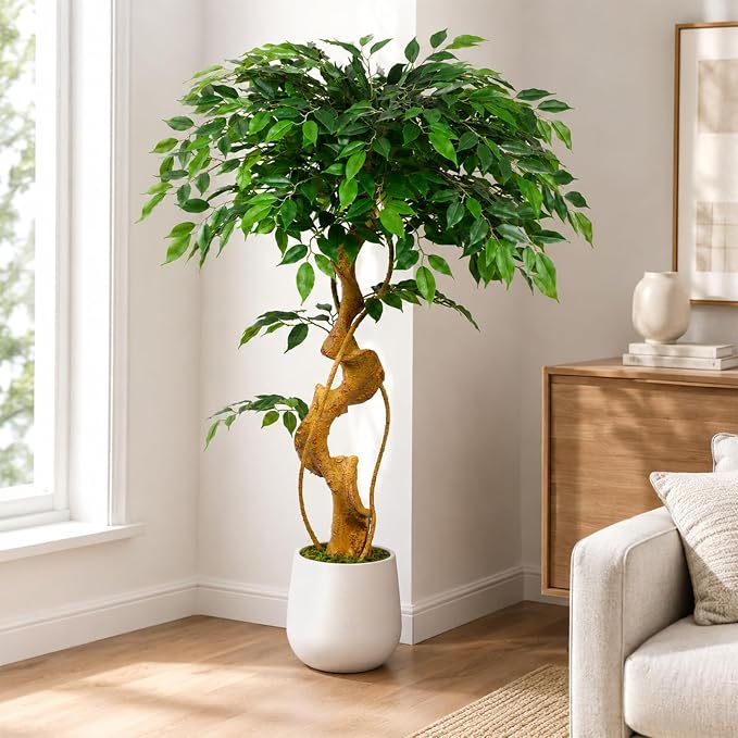 4FT Artificial Ficus Tree, 48in Fake Silk Tree with Curved Trunk & 930 Lush Leaves, Faux Floor Plant with White Pot, Low-Maintenance Decor for Home, Office, Patio