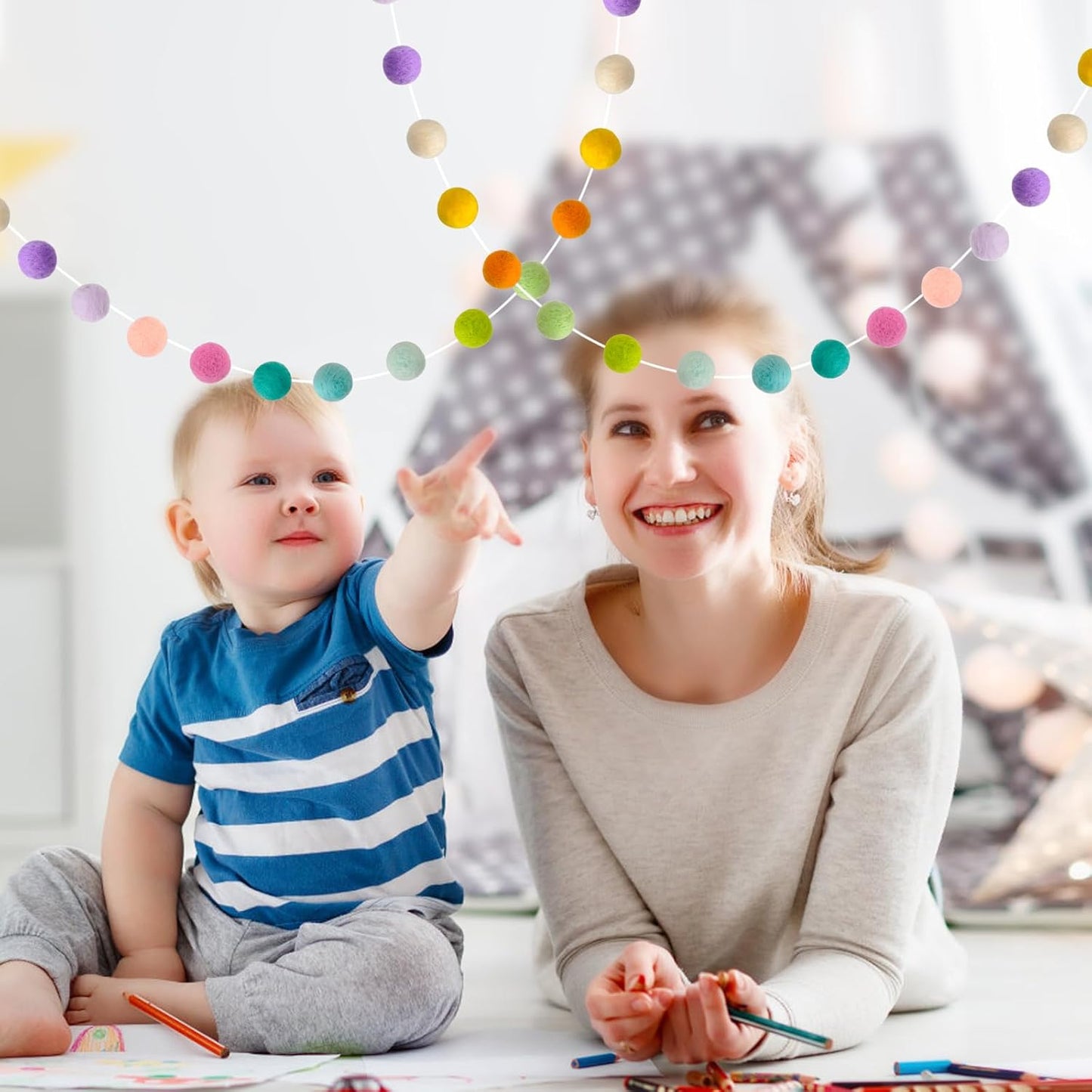 Felt Ball Garland Misscrafts 9.8 Feet 100% Wool Roving Pom Pom Garland 20mm Colorful for Baby Shower Grand Opening Party Festivals Room Decorations