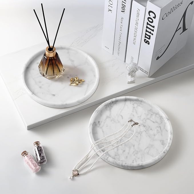 Decorative Round Marble Tray,8 Inches Diameter, Natural White Stone Vanity Organizer