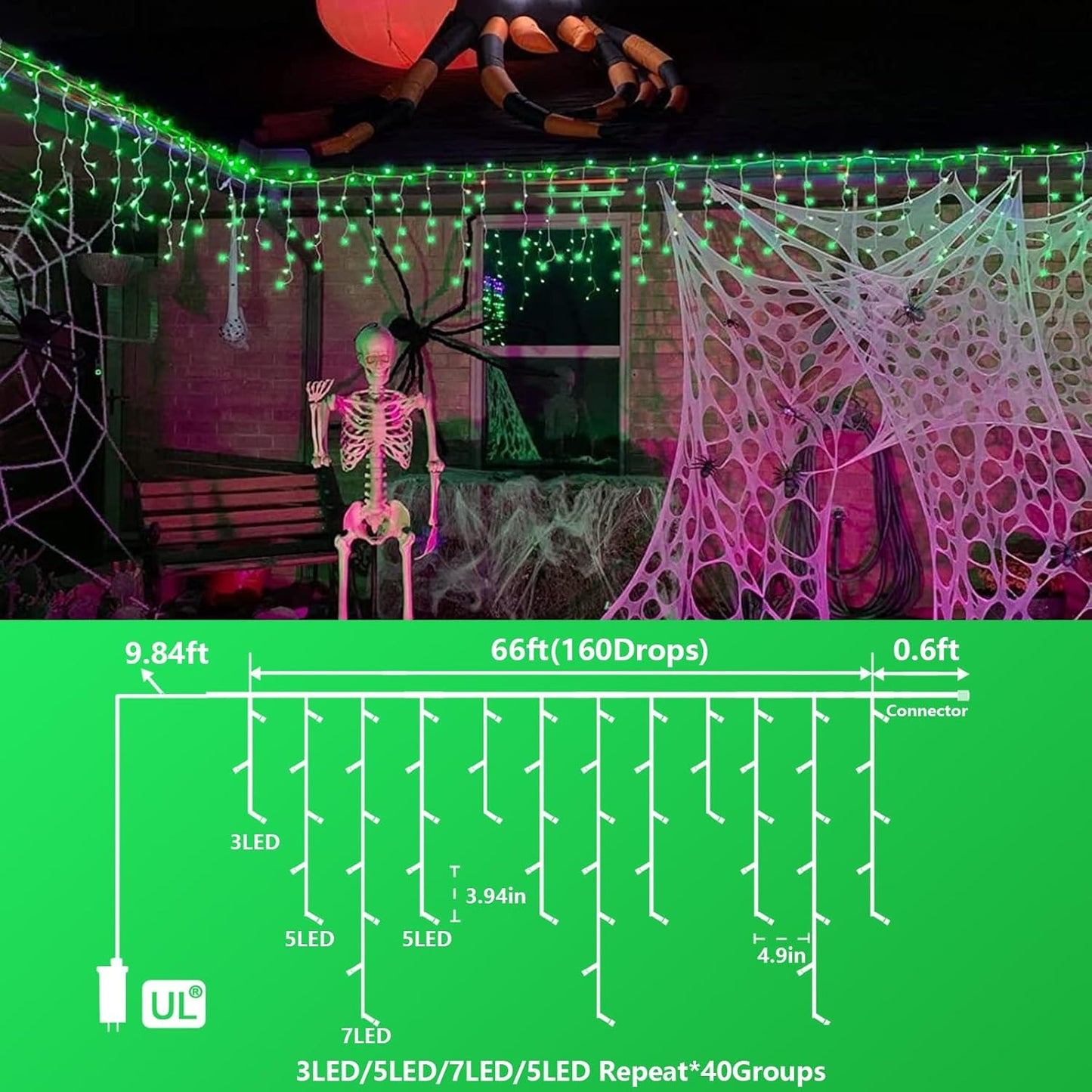 YEGUO 66ft 800 LED Green Icicle Lights Outdoor Waterproof, 160 Drops Icicle Christmas Light Connectable, 8 Modes Icicle String Lights with Memory Timer