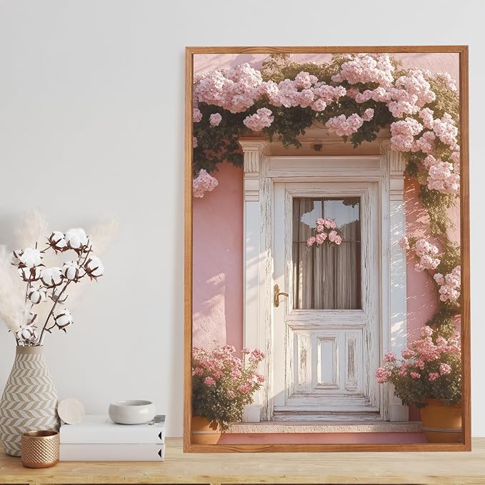 LHIUEM Vintage Italy City Landscape Framed Canvas Wall Art,Pink Flowers Street Romantic House Wall Decor,Malta Modern Natural Romance Country Artworks for Living Room,Bedroom,Office 16"X24"X3