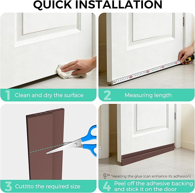 Hojoy 2 Pack Under Door Draft Stopper, Adjustable Door Sweep Anti-Collision Strong Adhesive Weather Stripping Tape Soundproof Draught Stoppers 2" W x 39" L, Brown