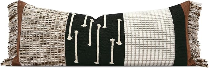 Boho Lumbar Pillow Cover 14x36 with Handmade Drawn Work Tassel | Long Lumbar Pillow Decorative Farmhouse Pillows Cushion Case for Bed Couch