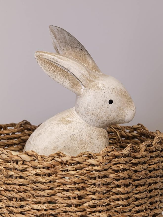 DN DECONATION Wooden Antique White 3D Bunny Rabbit Figurines for Spring Easter Decor Gift Set of 2