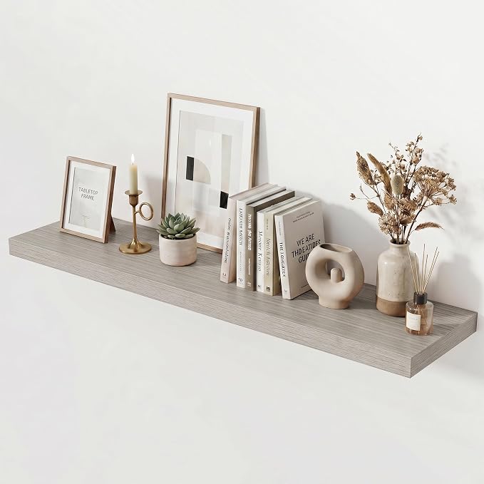 Acovy 48 Inch Floating Shelves for Wall Set of 1,Rustic Wood 12" Deep Wall Mounted Shelves,Floating Shelf with Invisible Brackets for Kitchen,Bathroom,Living Room,Decor & Storage,Grey