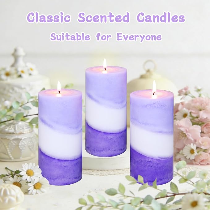 Lavender Aromatherapy Scented Pillar Candles, Purple and White Striped, 3x6 Inch, 100% Cotton Core Handmade Paraffin Wax Candles for Housewarming Gift Home Room Shelf Decor, Set of 3
