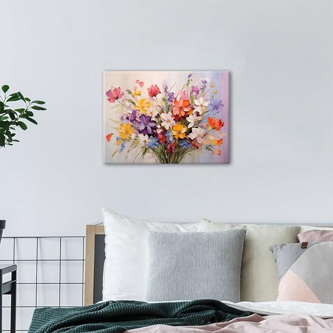 Colorful Flower Canvas Wall Art Yellow Orange Purple Wildflower Painting Prinrts for Teen Girls Room Decor Botanical Picture Floral Poster Modern Framed Artwork Bathroom Bedoom Home Decoration 12"x16"