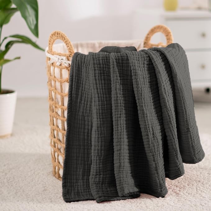 Carriediosa 100% Cotton Muslin Throw Blanket 50" X 70" Throw XL Size，4-Layers Summer Gauze Throws for Bed Couch，Soft Lightweight Breathable Linen Blankets Bedspread for Adults All Season，Dark Gery
