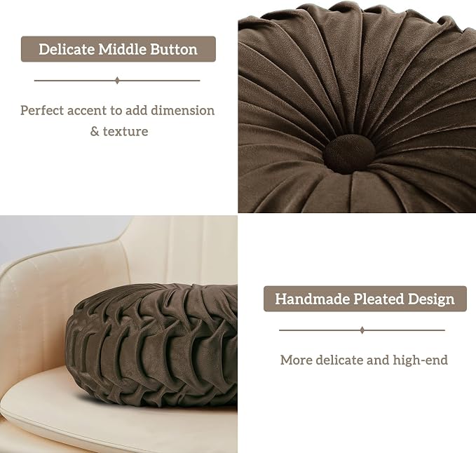 HIG Set of 2 Decorative Round Pleated Throw Pillows,Classy Accent Pumpkin Throw Pillows with Center Button,Vintage Velvet Floor Pillows for Sofa Vanity Chair Bed,Chocolate,14.5" Diameter(Ripple)