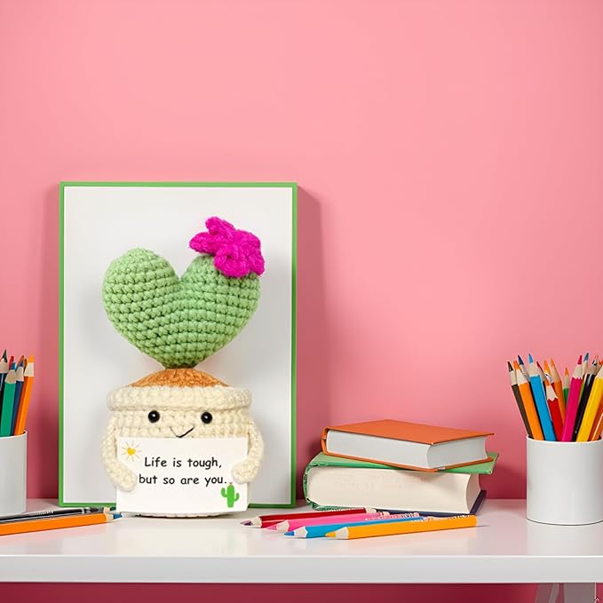 Get Well Gifts for Women, Handmade Crochet Cactus – Plush Plant Gift with Encouragement Card for Desk Decor, Home or Office Decoration