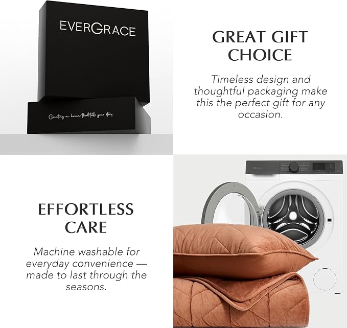 EVERGRACE 3 Pieces Luxurious Queen Velvet Quilts, Ultra Soft Lightweight Velvet Comforter Set, Matelasse Oversized Bedspread Coverlet for All Season with 2 Shams, Burnt Orange, 92"x96"