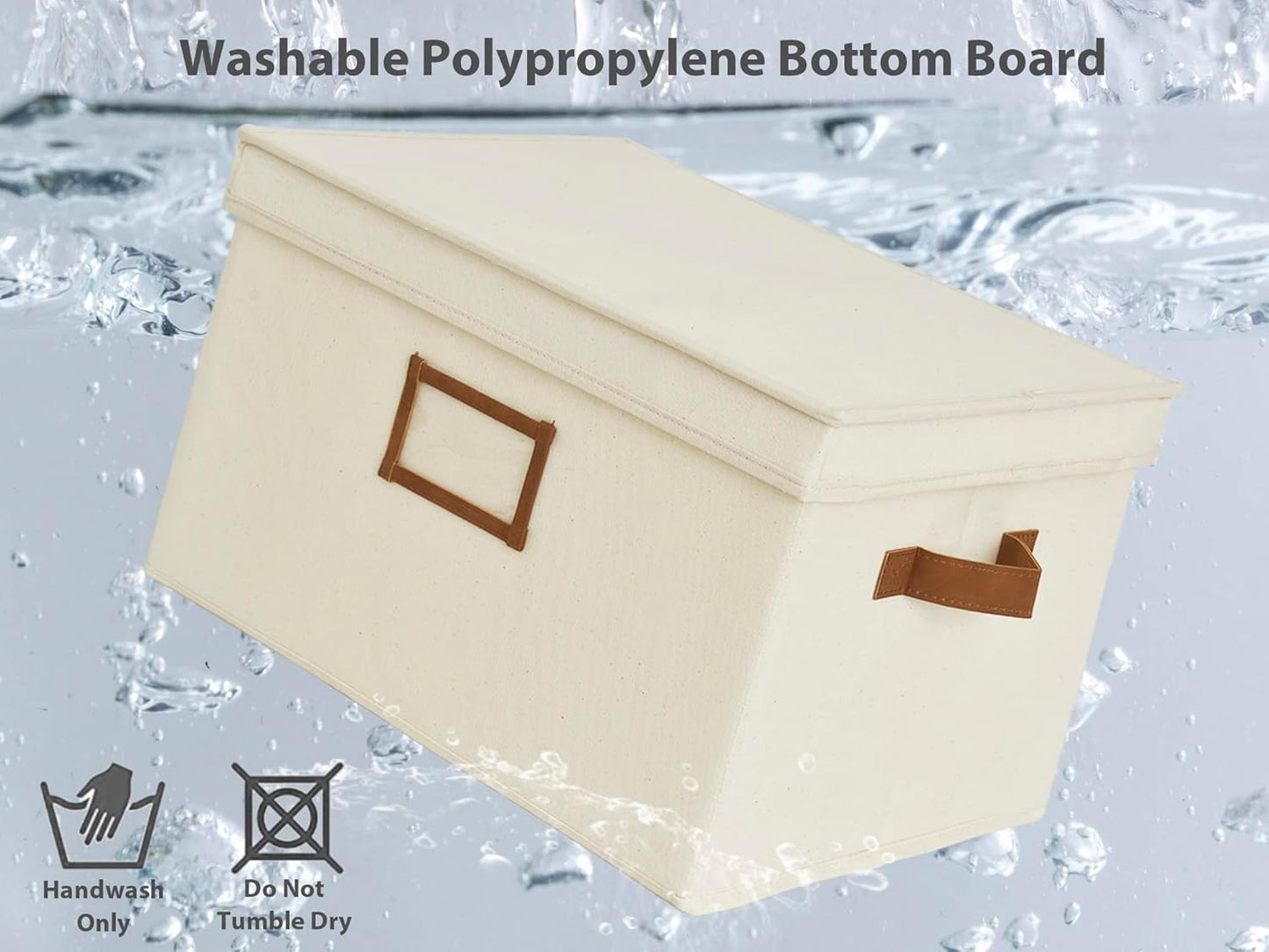 StorageWorks Storage Bins with Lids, Decorative Storage Boxes with Lid and PU Handles, Foldable Storage Baskets for Closet, Shelves, Stackable, Ivory, Jumbo, 3-Pack