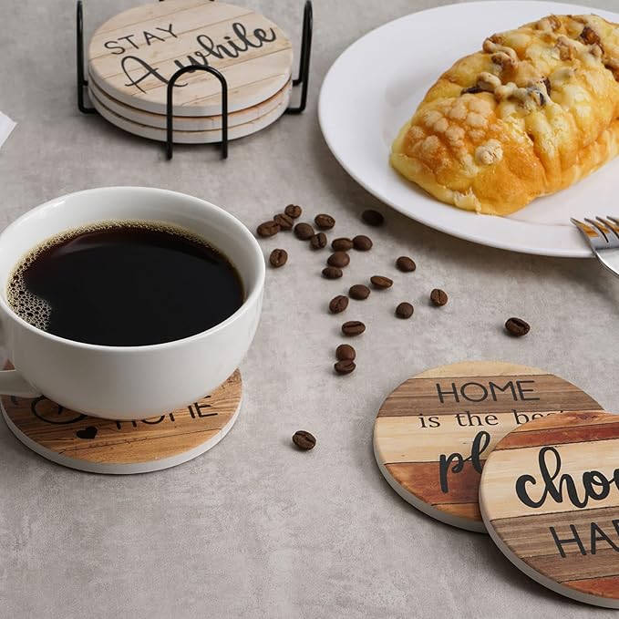 Adorever Coasters for Drinks Absorbent with Holder, 6 Pcs Ceramic Rustic Farmhouse Drink Coasters for Coffee Table Tabletop Protection, Housewarming Gift New Home Decor