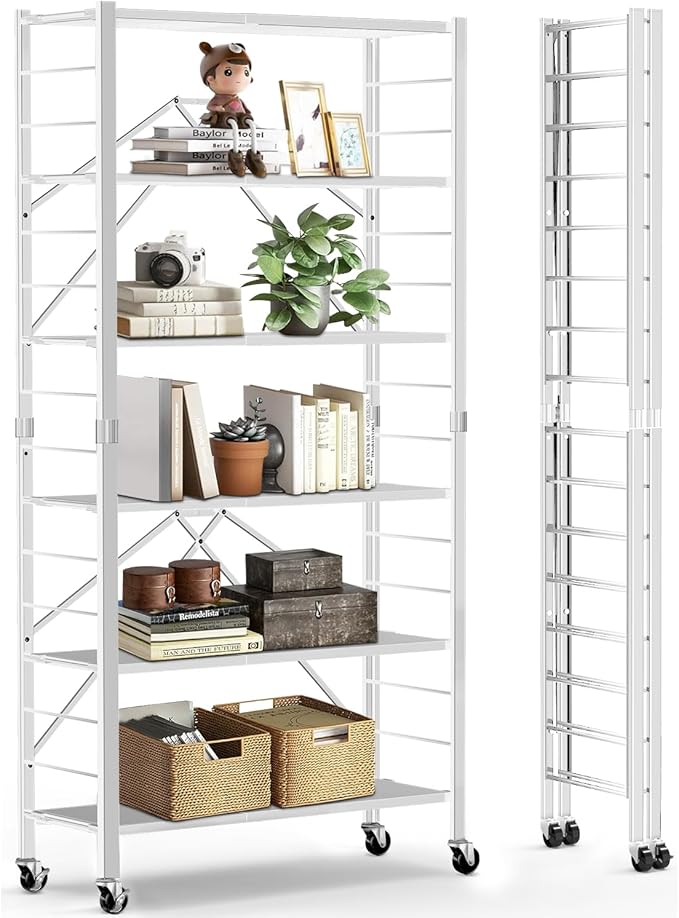 Himix 6 Tier Foldable Storage Shelves, Expandable Folding Bookshelf with Wheels, Changeable into 2 Shelf Units, Collapsible Adjustable Storage Rack Metal Shelves for Garage Kitchen, Basement, White