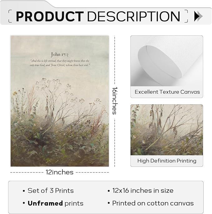 Christian Wall Art Bible Verse Canvas Poster Wildflower Wall Decor Scripture Wall Art Landscape Painting Vintage Field Prints Farmhouse Picture for Bedroom Bathroom 12x16 Inch Unframed Set of 3