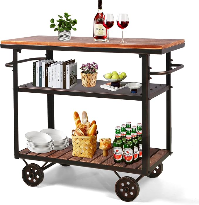 LOKKHAN Rolling Bar Cart with Handle [3 Tier] Home Kitchen Microwave Cart Island On Wheels, Mobile Serving Cart Beverage Cart, Coffee Station (Metal/Wood, Industrial Black/Rustic Brown)