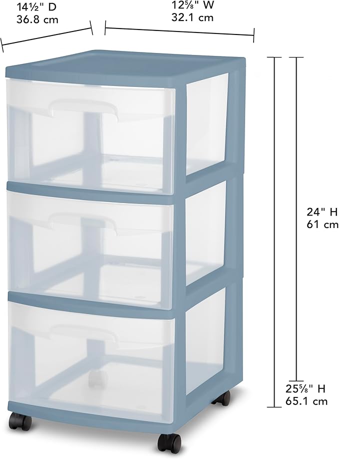 Sterilite 3 Drawer Storage Cart, Plastic Rolling Cart with Wheels Organize Clothes in Bedroom Closet, Easy Assembly, Blue with Clear Drawers, 2-Pack