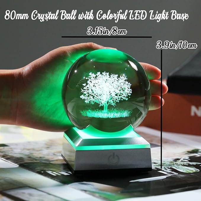 Ornalrist Crystal Ball 3D Engraved Tree of Life with LED Colorful Base, 3.15" 8CM Glass Sphere Ideas for Family Home Decor Display, Gifts for Men Women Friends on Birthday Christmas