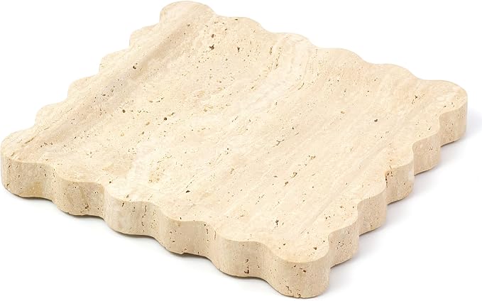 Square Travertine Vanity Tray with Scalloped Edge - Natural Stone Perfume Tray Decor for Dresser, Vanity, Kitchen, Home Decor, Decorative Square Stone Tray - Travertine 8 * 8 inch