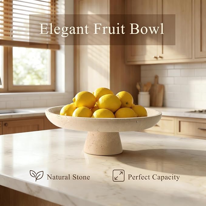 YMXYJM,Natural Travertine Fruit Bowl, Marble Pedestal Bowl, Beige | Natural marble pedestal bowl for fruit, keys, and decor on kitchen counters, dining tables, living rooms, or entryways