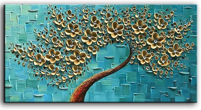 YaSheng Art - Handmade Golden Flowers Artwork Oil Painting On Canvas Texture Palette Knife Abstract Tree Canvas Wall Art Modern Home for Bedroom Living Room Office Wall Decor 24x48inch