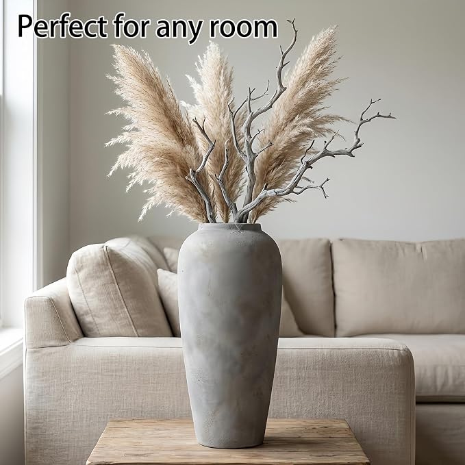 15 Inch Farmhouse Ceramic Rustic Vase, White Grey Flower Vases for Centerpieces & Home Decor, Handmade Pottery Vases for Living Room, Bedroom & Wedding Decor, Vintage Ceramic Vase for Gifts