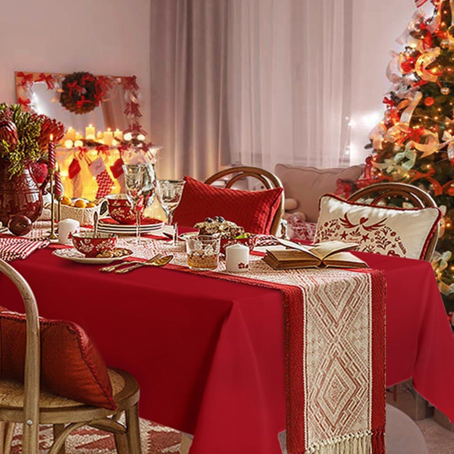 sancua Rectangle Tablecloth - 54 x 108 Inch - Stain and Wrinkle Resistant Washable Polyester Table Cloth, Decorative Fabric Table Cover for Dining Tables, Buffet Parties, Christmas Red