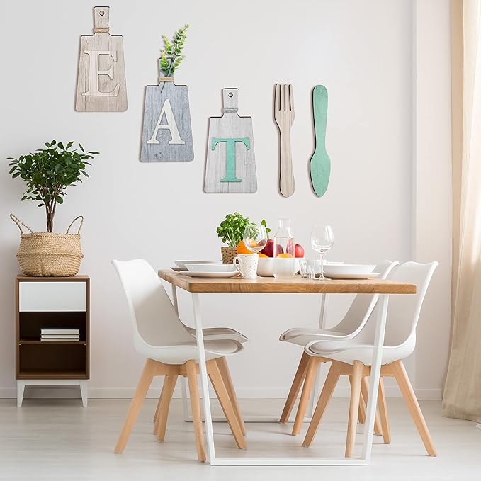 Jetec Cutting Board Eat Sign Set Hanging Art Kitchen Eat Sign Farmhouse Fork and Spoon Wall Decor Rustic Primitive Country Kitchen Decor for Home over Cabinet Decoration(Beige, Dark Gray, Gray White)