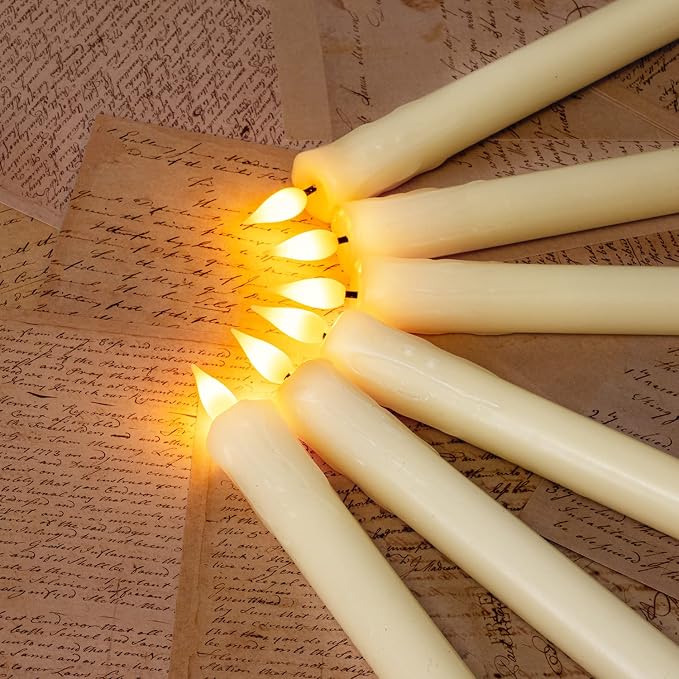 Homemory 24 Pcs Real Wax Flameless Taper Candles with Remote Timer and Dimmer, Battery Operated Candlesticks with Flickering Light, Ivory Window Candles, 9.6 Inches for Wedding Home Decor