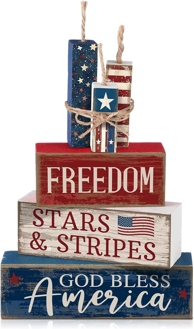 CroBlissful 4 Pcs 4th of July Decorations Patriotic Memorial Day Tabletop Decorations Red White Blue Table Centerpieces Sign for Office Tiered Tray Home Shelf 250th Anniversary(Freedom)