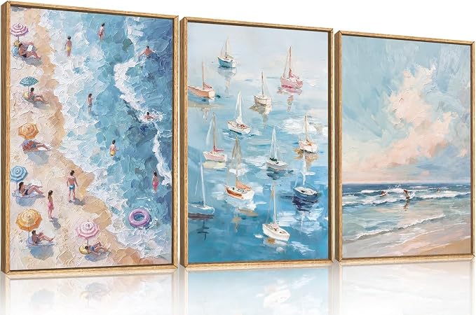 LHIUEM Coastal Beach Framed Canvas Wall Art,Modern Summer Ocean Wall Decor,Natural Seascape Painting,Mediterranean Boat Blue Artwork for Living Room,Bedroom,Dining Room -24"x36"x3
