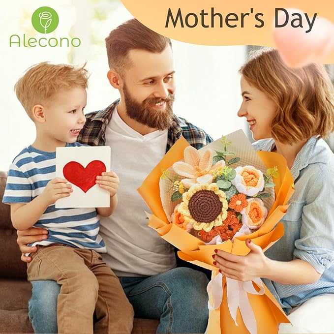 Alecono Crochet Flower Bouquet, Orange Knitted Flowers, Crochet Sunflower Flower for Lover Valentines Day Anniversary Birthday Party Mother's Day Graduation Gifts (Include Card)