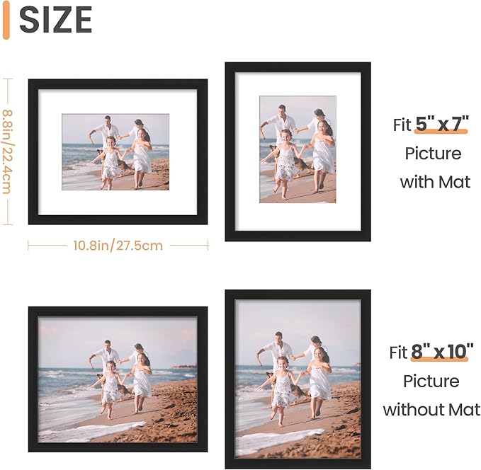 upsimples 8x10 Picture Frame Set of 5, Display Pictures 5x7 with Mat or 8 x 10 Without, Wall Gallery Photo Frames, Black