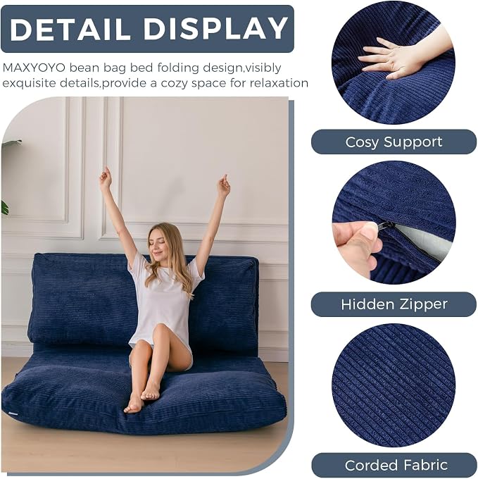 MAXYOYO Folding Sofa Bed, Extra Thick and Long Floor Sofa Convertible Chair with Washable Cover, Floor Couch Lounge Bean Bag Bed for Living Room, Navy, 39x91 Inch