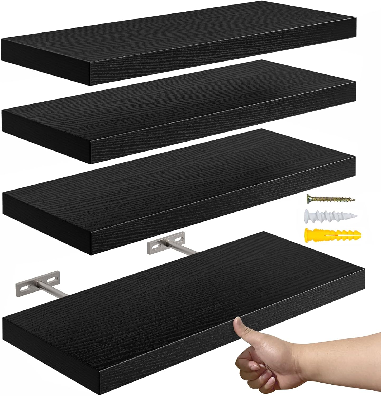 16’’Black Floating Shelves for Wall Set of 4,Rustic Wood Shelf for Room Decor/Storage/Display,Small Bookshelf,Wall Mounted Hanging Shelves for Bedroom, Bathroom, Living Room, Kitchen